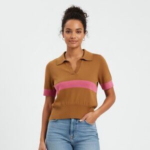 BP. Collared Knit Sweater Tee Camel & Pink Stripe Short Sleeve Size S